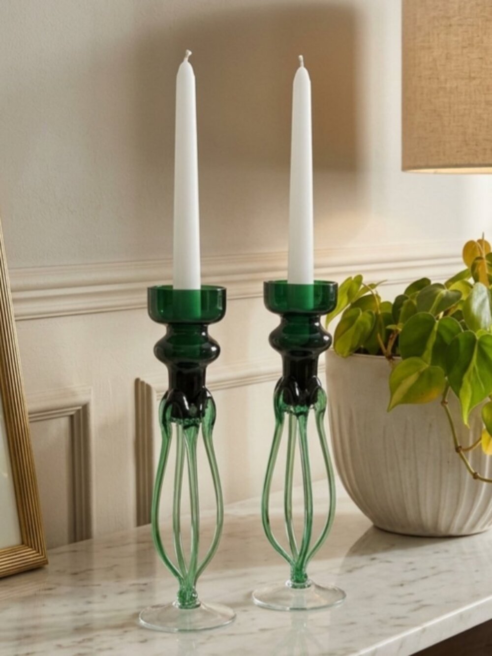 2 Vintage green glass candle holders Murano style hand blown ribbon flower set
